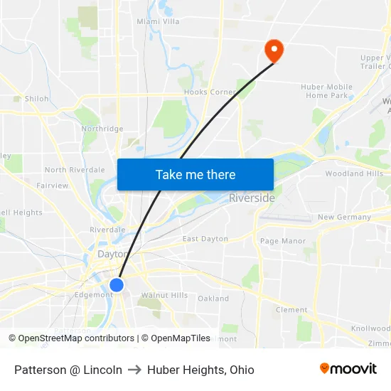 Patterson @ Lincoln to Huber Heights, Ohio map