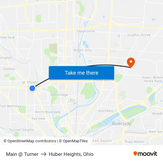 Main @ Turner to Huber Heights, Ohio map