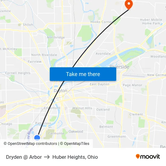 Dryden @ Arbor to Huber Heights, Ohio map