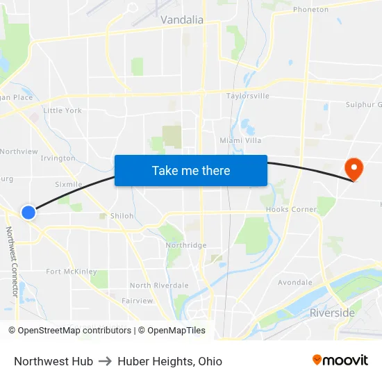Northwest Hub to Huber Heights, Ohio map