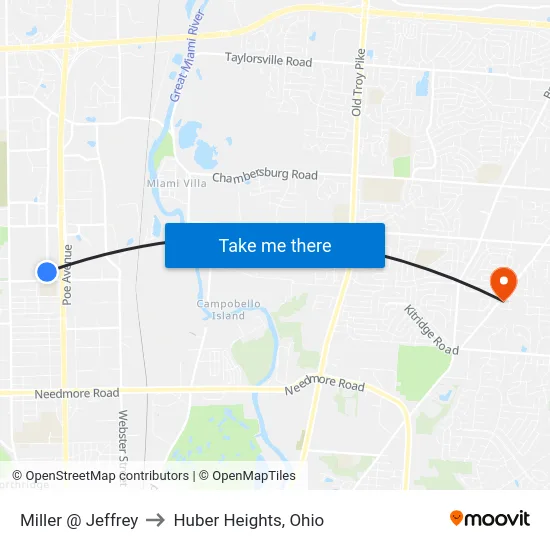 Miller @ Jeffrey to Huber Heights, Ohio map