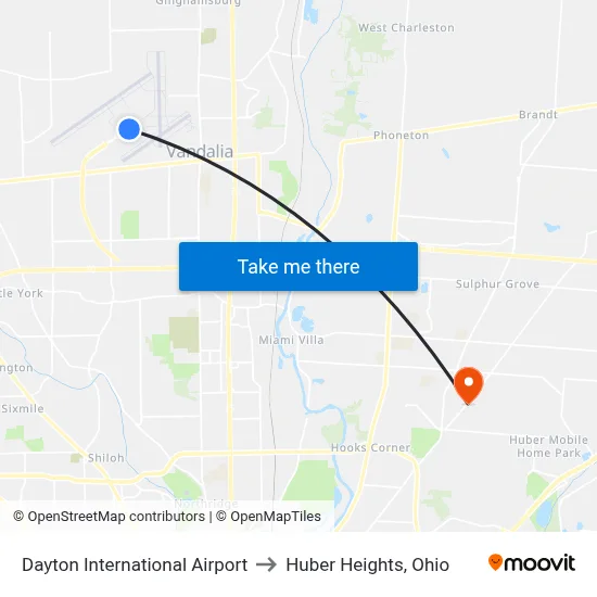 Dayton International Airport to Huber Heights, Ohio map