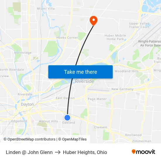 Linden @ John Glenn to Huber Heights, Ohio map