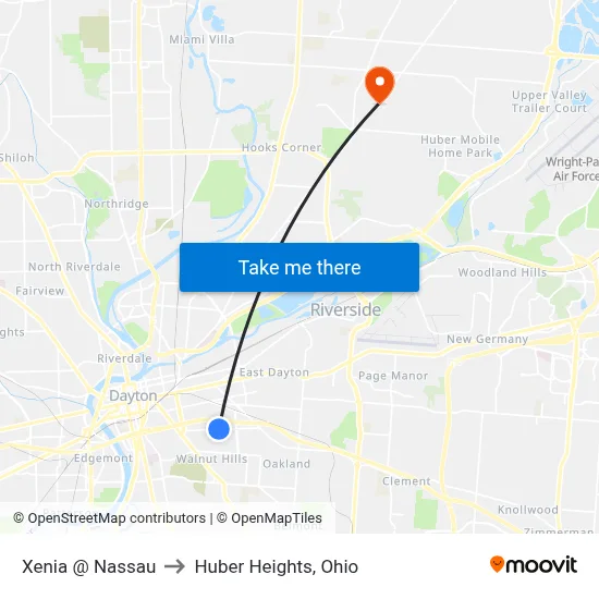 Xenia @ Nassau to Huber Heights, Ohio map