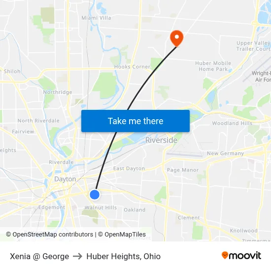 Xenia @ George to Huber Heights, Ohio map