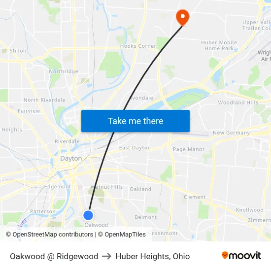 Oakwood @ Ridgewood to Huber Heights, Ohio map