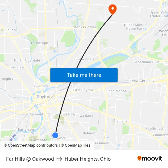 Far Hills @ Oakwood to Huber Heights, Ohio map