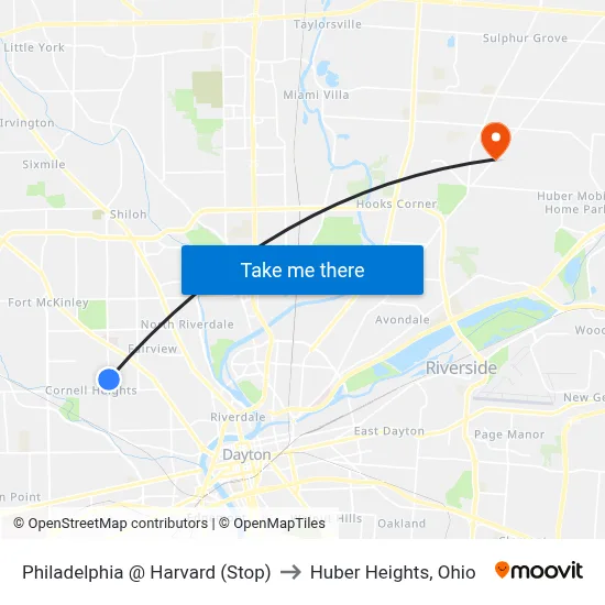 Philadelphia @ Harvard (Stop) to Huber Heights, Ohio map