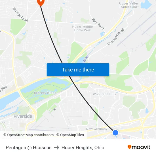Pentagon @ Hibiscus to Huber Heights, Ohio map