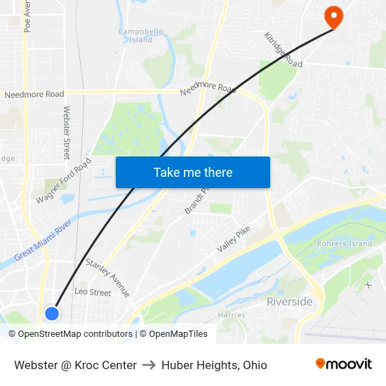 Webster @ Kroc Center to Huber Heights, Ohio map