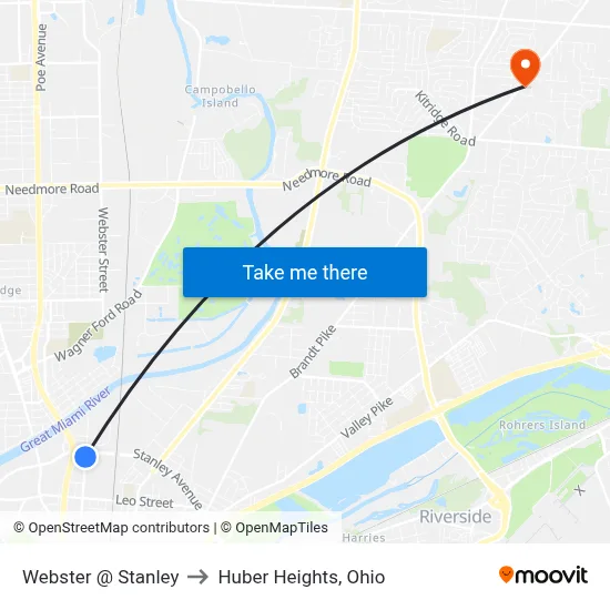 Webster @ Stanley to Huber Heights, Ohio map
