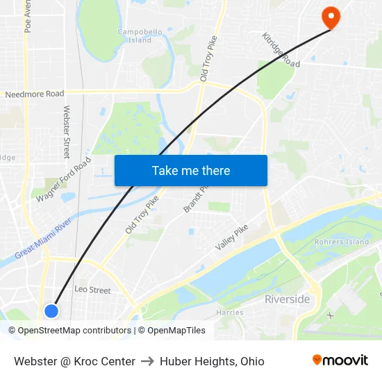 Webster @ Kroc Center to Huber Heights, Ohio map