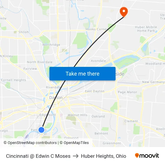 Cincinnati @ Edwin C Moses to Huber Heights, Ohio map