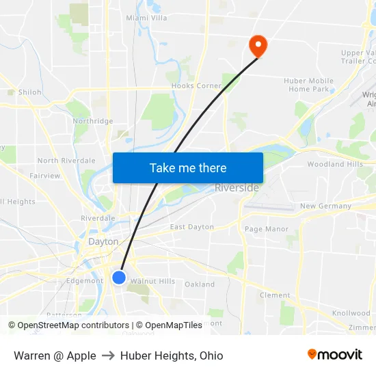 Warren @ Apple to Huber Heights, Ohio map
