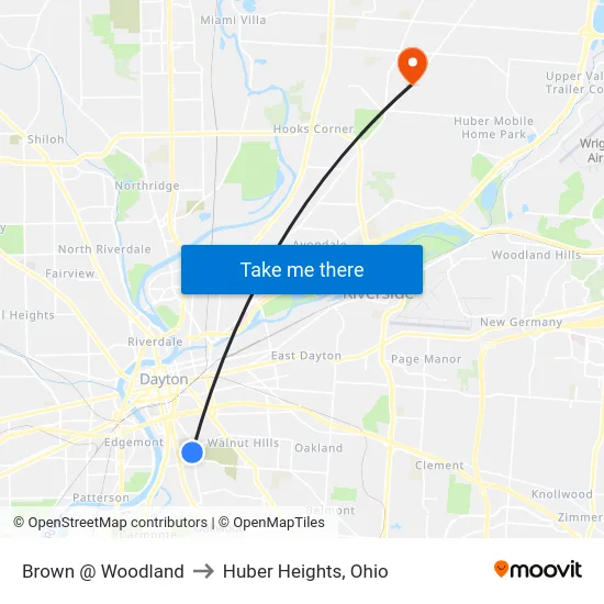 Brown @ Woodland to Huber Heights, Ohio map