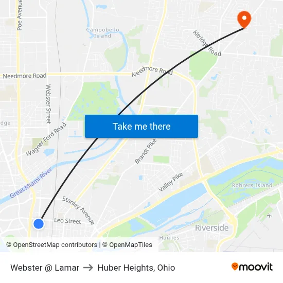 Webster @ Lamar to Huber Heights, Ohio map