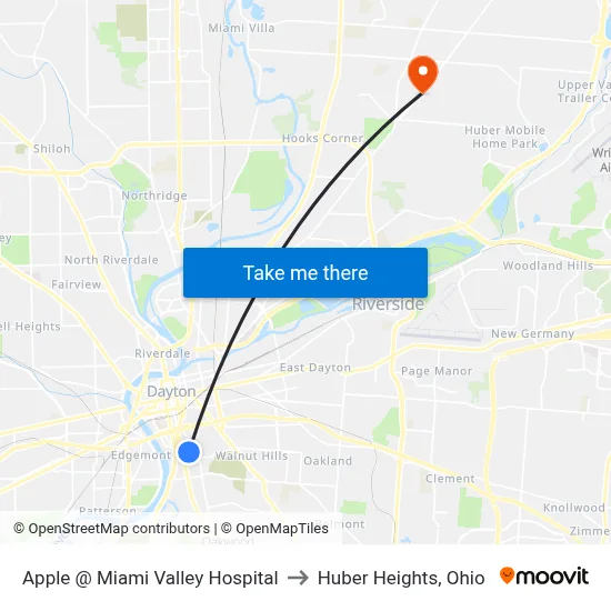 Apple @ Miami Valley Hospital to Huber Heights, Ohio map