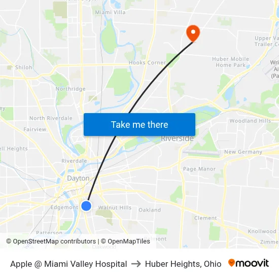 Apple @ Miami Valley Hospital to Huber Heights, Ohio map