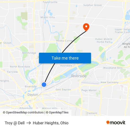 Troy @ Dell to Huber Heights, Ohio map