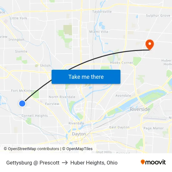 Gettysburg @ Prescott to Huber Heights, Ohio map