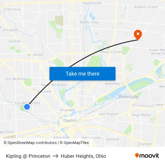 Kipling @ Princeton to Huber Heights, Ohio map