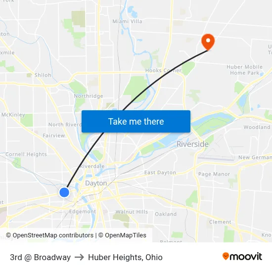 3rd @ Broadway to Huber Heights, Ohio map