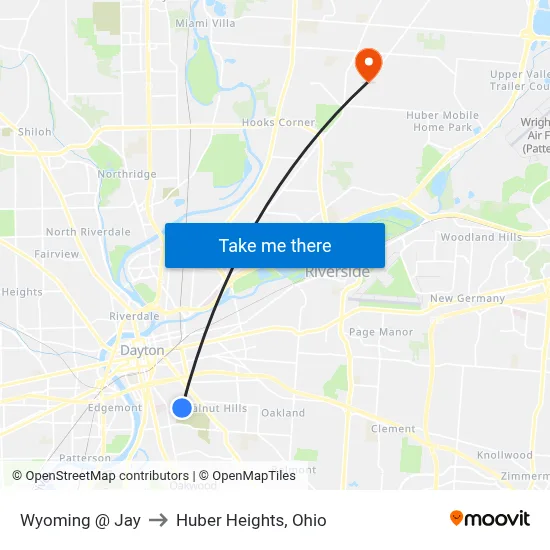 Wyoming @ Jay to Huber Heights, Ohio map