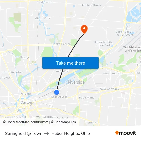 Springfield @ Town to Huber Heights, Ohio map