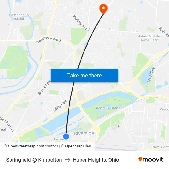 Springfield @ Kimbolton to Huber Heights, Ohio map