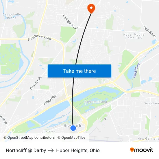 Northcliff @ Darby to Huber Heights, Ohio map
