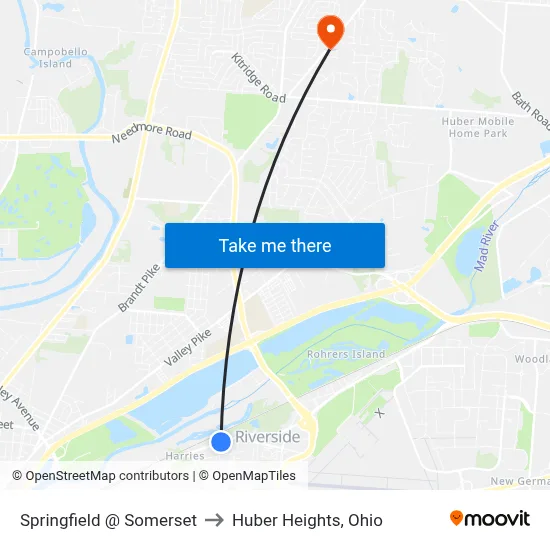 Springfield @ Somerset to Huber Heights, Ohio map
