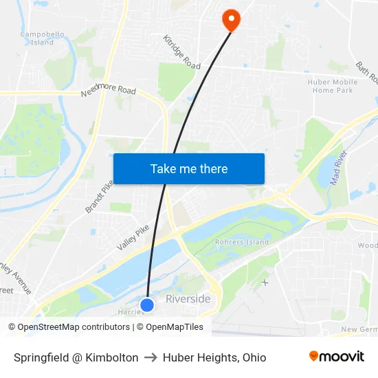 Springfield @ Kimbolton to Huber Heights, Ohio map