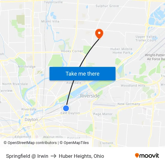 Springfield @ Irwin to Huber Heights, Ohio map
