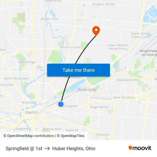 Springfield @ 1st to Huber Heights, Ohio map