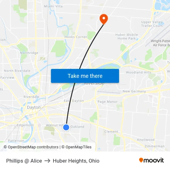 Phillips @ Alice to Huber Heights, Ohio map