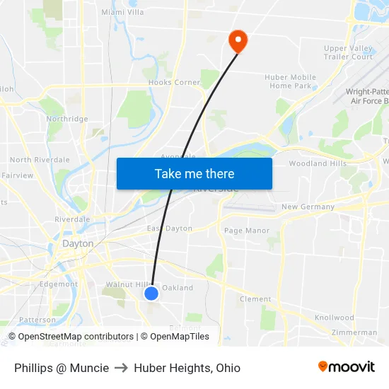 Phillips @ Muncie to Huber Heights, Ohio map
