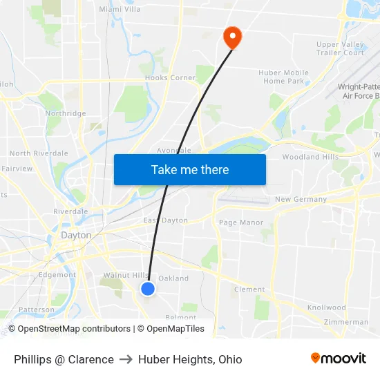 Phillips @ Clarence to Huber Heights, Ohio map