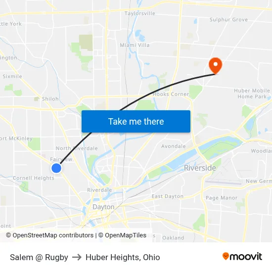 Salem @ Rugby to Huber Heights, Ohio map