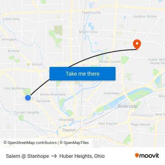 Salem @ Stanhope to Huber Heights, Ohio map