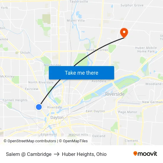Salem @ Cambridge to Huber Heights, Ohio map