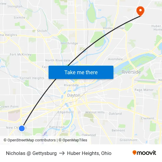 Nicholas @ Gettysburg to Huber Heights, Ohio map