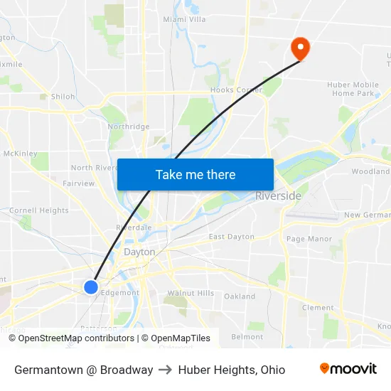 Germantown @ Broadway to Huber Heights, Ohio map