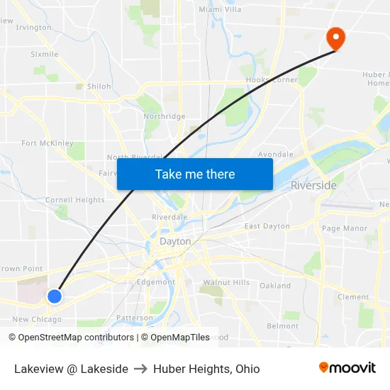 Lakeview @ Lakeside to Huber Heights, Ohio map