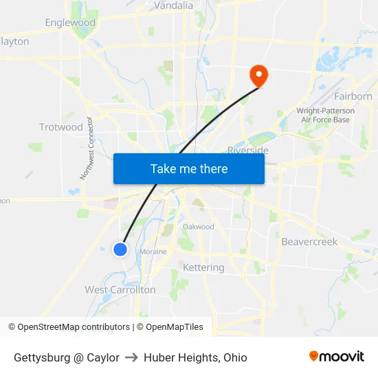 Gettysburg @ Caylor to Huber Heights, Ohio map