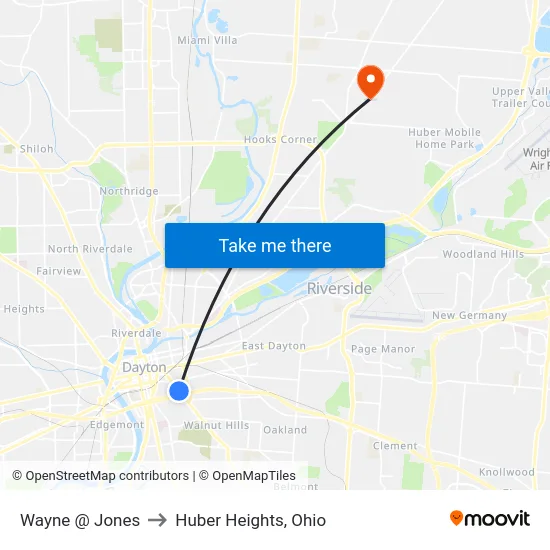 Wayne @ Jones to Huber Heights, Ohio map