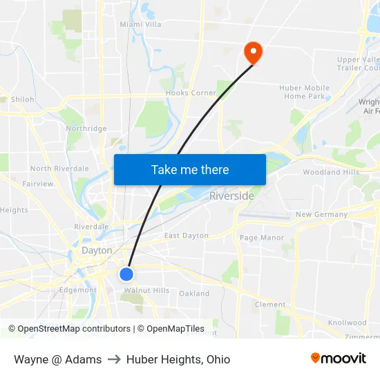 Wayne @ Adams to Huber Heights, Ohio map