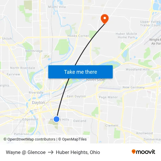 Wayne @ Glencoe to Huber Heights, Ohio map