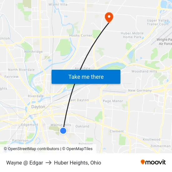 Wayne @ Edgar to Huber Heights, Ohio map