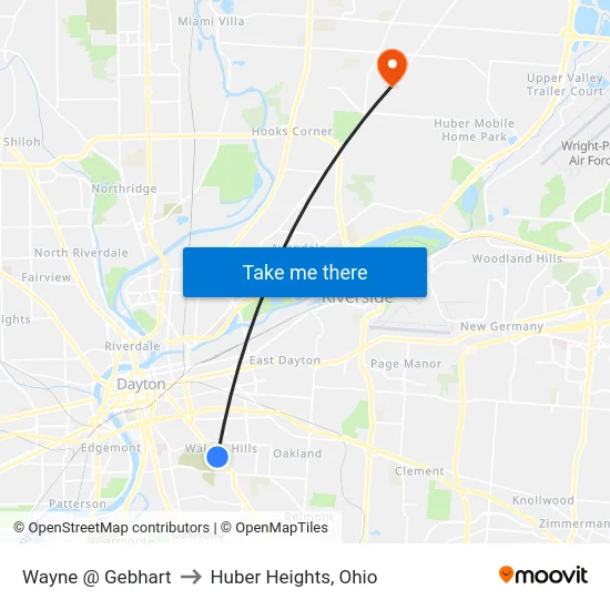 Wayne @ Gebhart to Huber Heights, Ohio map