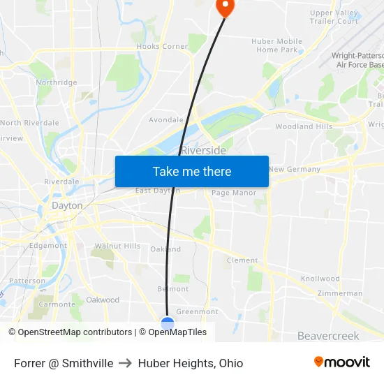 Forrer @ Smithville to Huber Heights, Ohio map
